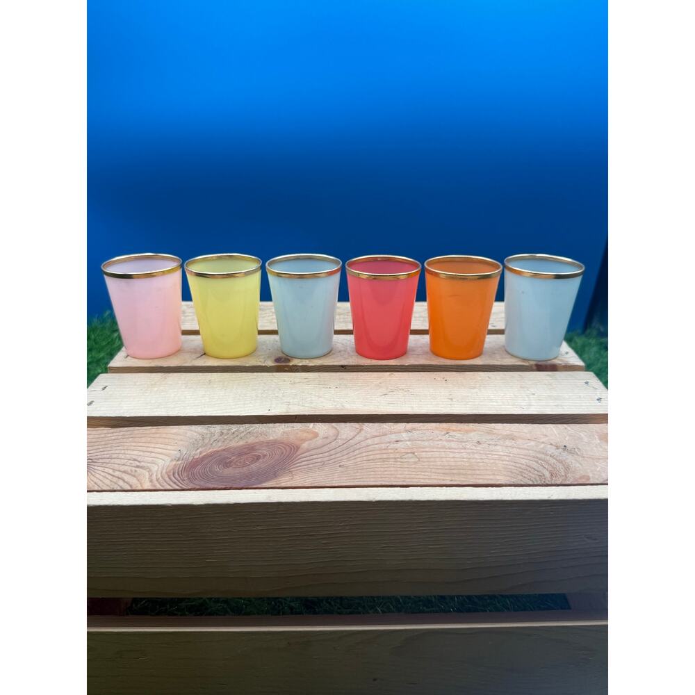 Vintage Mid-Century Pastel Glassware Set -6 Colorful Shot Glasses with Gold Trim